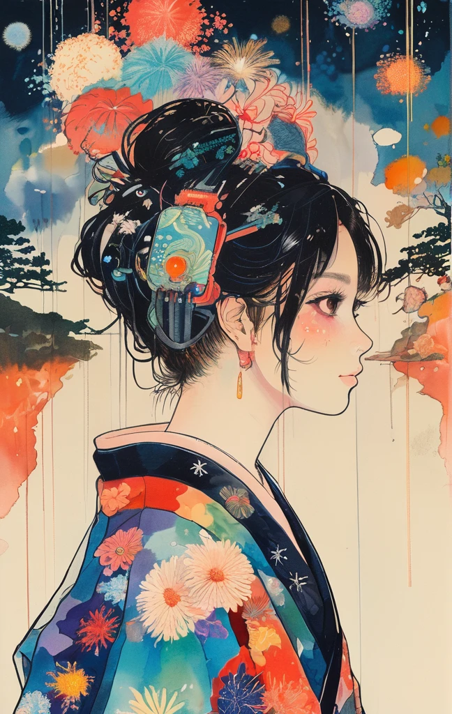 Microphotography, Anime girl made of glass in kimono silhouette, vibrant rainbow river, fireworks in night sky, colorful coral reefs, detailed illustration, Ukiyo-e style