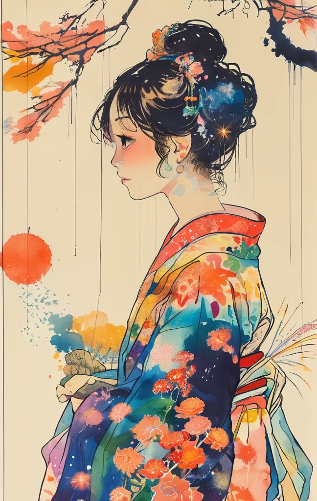 Microphotography, Anime girl made of glass in kimono silhouette, vibrant rainbow river, fireworks in night sky, colorful coral reefs, detailed illustration, Ukiyo-e style