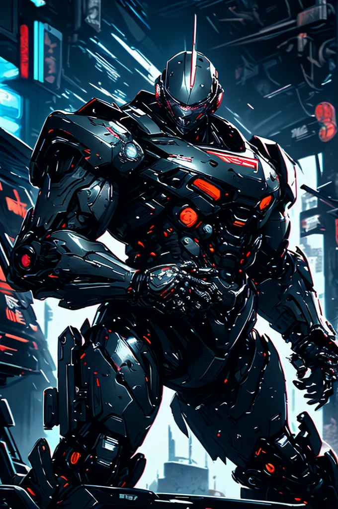 RoboCop, epic dynamic combative stance, holding weapon, Style-RustMagic and cyberpunk elements, fierce appearance, scratched metal texture, cyberware and chrome implants, depth of field, motion blur effect, dark and moody, fog and smoke, detailed glow and cinematic lighting, intricate details, sharp focus, dark industrial factory with explosions in the background, Unreal Engine 5.