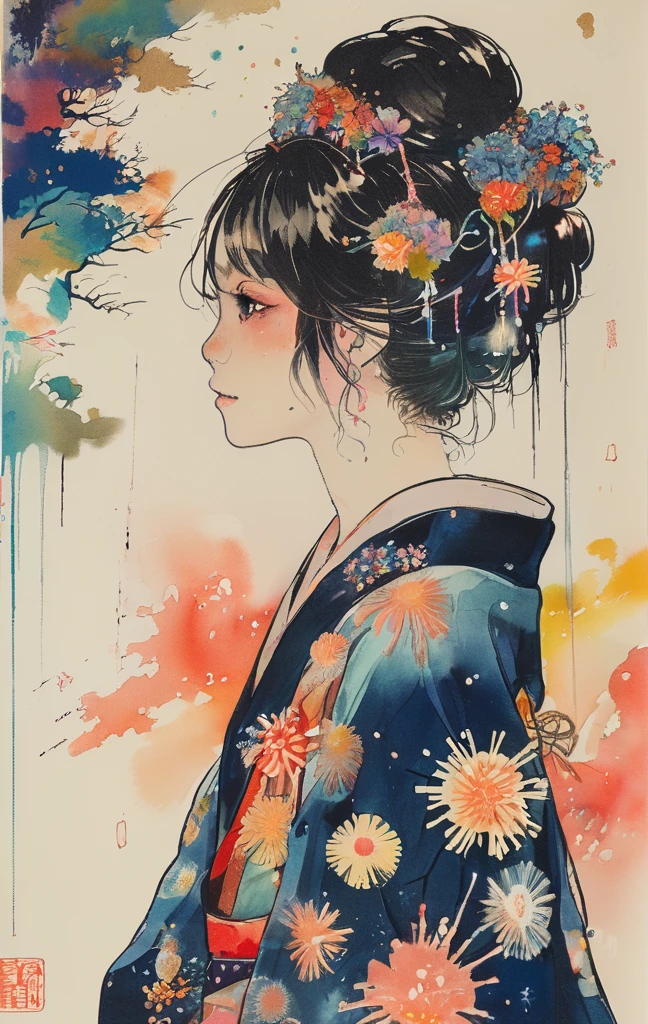 Microphotography, Anime girl made of glass in kimono silhouette, vibrant rainbow river, fireworks in night sky, colorful coral reefs, detailed illustration, Ukiyo-e style