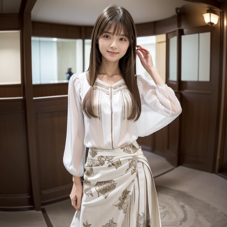 (Full Body Shot:1.1), (panorama:1.8), Cinema Lighting, ((Highest quality)), (RAW Photos, Highest quality), ( Realistic:1.4), realism, masterpiece, Very delicate and beautiful, Very detailed, 4k wallpaper, wonderful, finely, Very detailed CG unity 8k wallpaper, Very detailed, High resolution, Soft Light, Japanese, (one shot:1.9), (22 years old:1.6), (Round face:1.2), (Fat:0.8), (A neat and clean woman:1.7), Beautiful detailed woman,Famous Japanese actresses, Detailed face, finelyて美しい目, Very detailedな目と顔, Beautiful eyes and a beautifully detailed nose, Ultra HD glossy lips, (Straight Hair:1.4), Shiny Hair, Shiny Hair, Brown Hair, (bangs:1.4), Long, slender legs, Toned body, (Smiling:1.2), Natural Makeup, (Intricately decorated white blouse:1.3), (Blouse tucked into skirt:1.2), (Printed flared long skirt:1.3), (pumps:1.2), Accentuate your body lines, (Model pose:1.5),