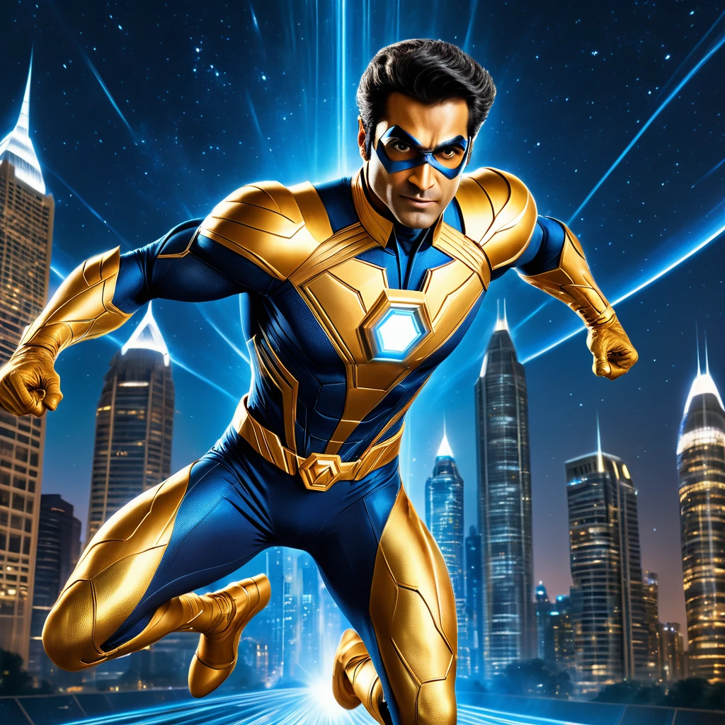 (Masterpiece, 8K, UHD, high resolution: 1.4), heroic portrait of Kumail Nanjiani as Booster Gold from DC Comics, (iconic gold and blue Booster Gold suit: 1.3), (confident and charismatic expression: 1.2), (well-groomed hair and piercing brown eyes: 1.2), (flying over a futuristic city: 1.3), (background with illuminated skyscrapers and starry night sky: 1.1), (technological and holographic elements: 1.2), (communication bracelet and flight device: 1.3), (vibrant and inspiring atmosphere: 1.3), realistic and intricate details, (elements of fantasy and action: 1.2), (dynamic and powerful perspective: 1.3)