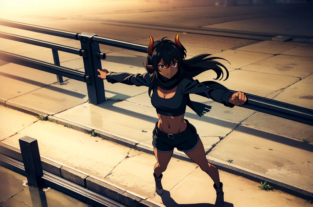 (1girl ,25s,adult,mature female,solo),long hair, black hair,horns,elf ears,((black scarf)),cleavage,(((dark skin))),(black sports bra,black sports shorts, midriff),leather boots,long sleeves,serious, punch, Abandoned station on underground,running alone on the railroad tracks The wind ruffled her hair, illustration, concept-art,from above,from front