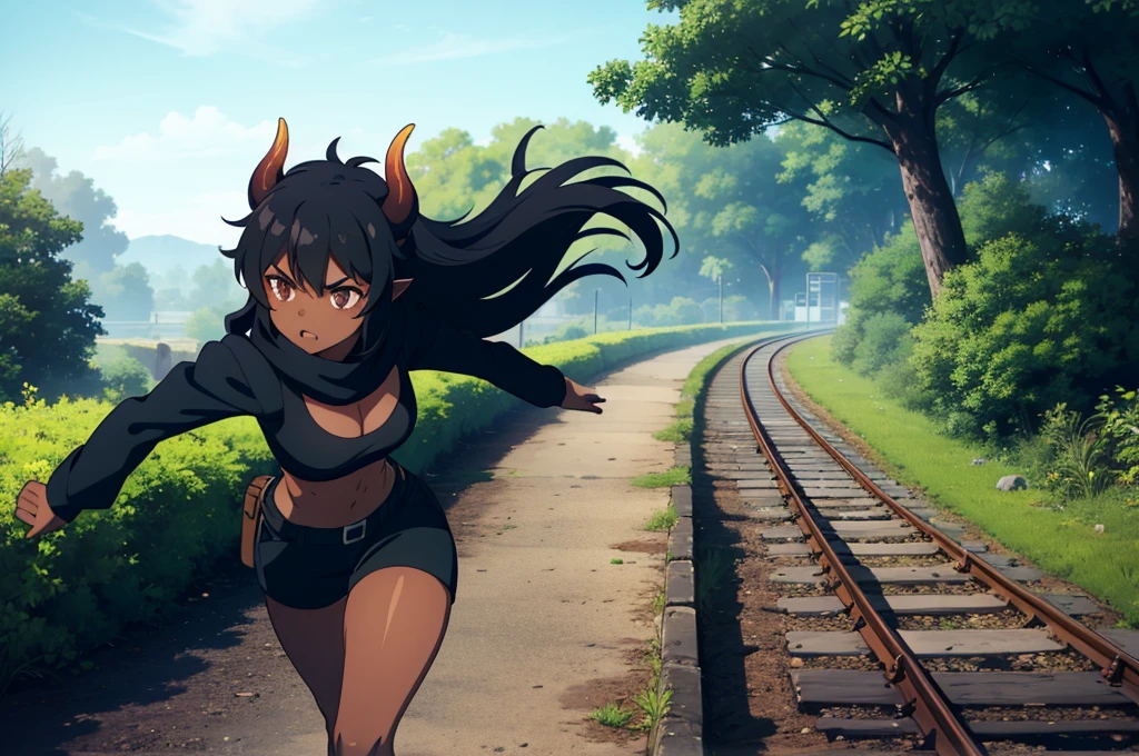 (1girl ,25s,adult,mature female,solo),long hair, black hair,horns,elf ears,((black scarf)),cleavage,(((dark skin))),(black sports bra,black sports shorts, midriff),leather boots,long sleeves,serious, punch, Abandoned station on underground,running alone on the railroad tracks The wind ruffled her hair, illustration, concept-art,from above,from front