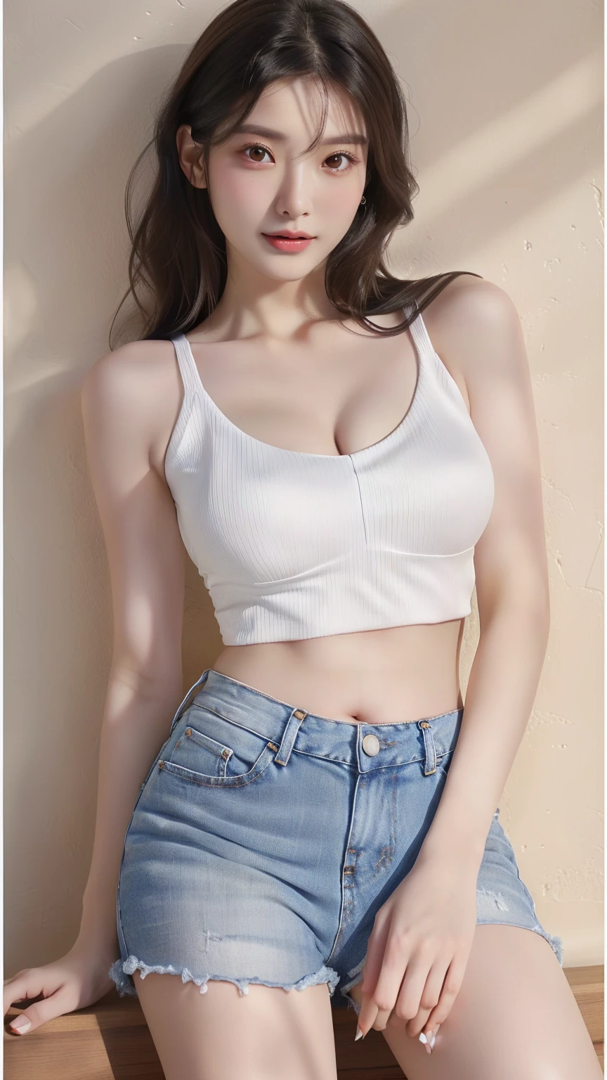 a close up of a woman in a white top and denim shorts, photo of slim girl model, croptop, wearing crop top, crop top, wearing a sexy cropped top, white top, 2 4 year old female model, flat chested, wearing a cropped tops, bralette, wearing tight simple clothes, photo of slim girl, white bra, large breasts, ((cleavage))