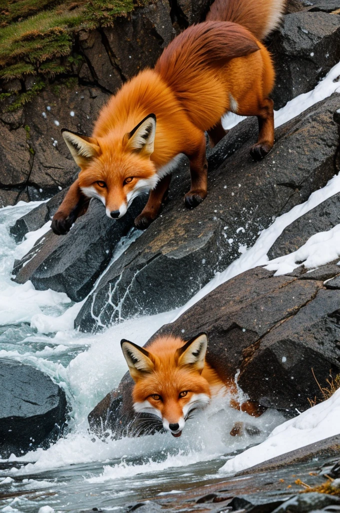 The fox sliding down the mountain: Shows the red-haired fox falling down the rocky mountainside, with an expression of fear and anguish on his face.