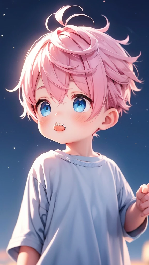 Beautiful little boy with blue eyes and pink hair the scenery of beautiful bright stars with blurred background he is holding a lollipop
