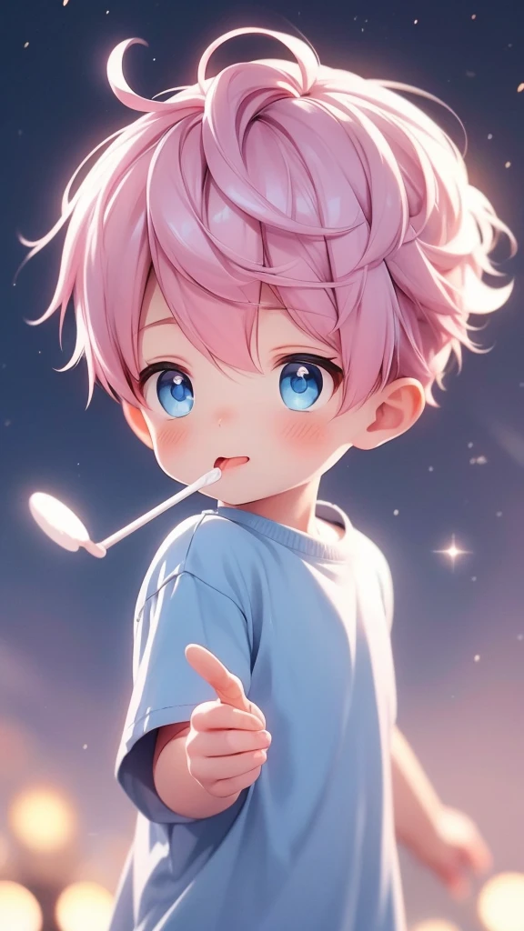 Beautiful little boy with blue eyes and pink hair the scenery of beautiful bright stars with blurred background he is holding a lollipop