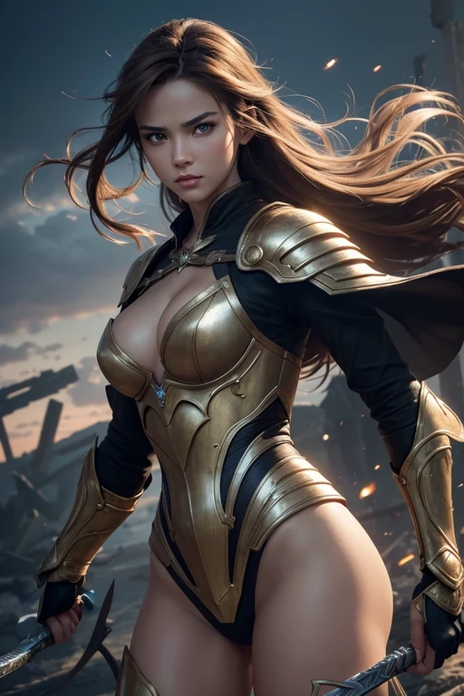 8K,２A depiction of female warriors fighting,Brown-haired beauty(Realistic Skin),Super beauty with blonde mohawk hair(Realistic Skin),Fighting with swords,Perfect Anatomy,charm,Volume measurement,Body balance,Digital single-lens reflex camera, Soft lighting, Detailed Background, Written boundary depth, Volumetric lighting, Sharp focus, Absurd, Realistic proportions, Excellent anatomy, (Realistic, 超Realistic:1.4), 16K HDR, dawn,A High Resolution,super Realistic 肌,Super beautiful expression,Fantasy art,Character Art,Wind effects:1.9、Cloud Effect:1.2、Full Rendering、Professional quality high resolution、Perfect contrast、Perfect lighting、Perfect composition、Perfect Skin、Perfect Fingers、Perfect breasts、Perfect Hair、Perfect Face、Realistic facial features,super highest quality,Slim figure,Perfect body line,Perfect hand shape,Anatomical body balance,Highly detailed face,Highly detailed eyes,Beautiful Lips,Excellent light particles,Cinema Lighting,Makeup,Ultra-high resolution,Ultra-Realistic Skin,Accentuate your cleavage,Demon Slayer Costume,Fierce battle scenes,Have