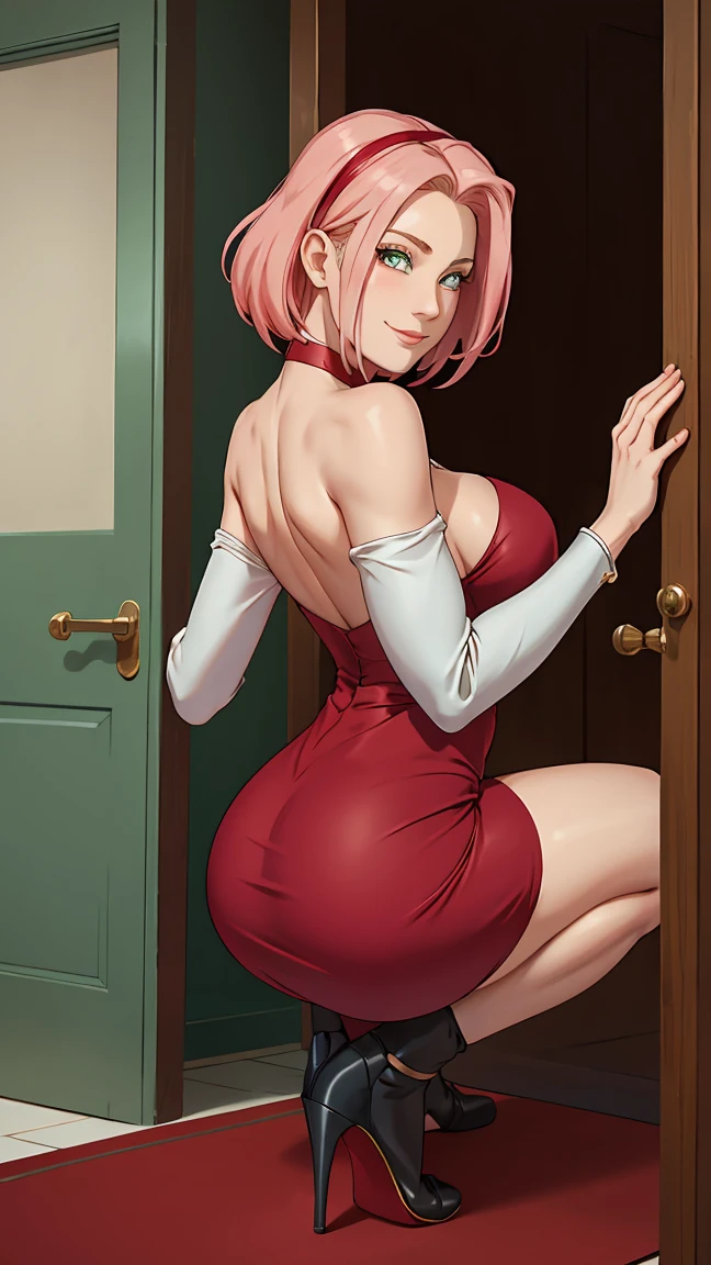 (in charol stiletto senora)((big nude ass))((BOG TITS))((perfect face))((sexy))(((Suit))), Masterpiece， The best quality at the best， 1girll， Sakura Haruno， BIG BREASTS,Off the shoulder clothing，transparent miniskirt ,（neckline)，（Closeup of upper body)，Sexy servant，is shy，smile，with pink hair， Long whitish hair， There is a woman with pink hair and stockings posing in a bathroom, Lower angle, illuminated from behind, on knees, thighs and skirt, on knees, peeping from behind, thighs close up, curvy accentuated booty, Hyperrealistic  in tight short dress , tucked knees, bend, hugging his knees, illuminated from below, View from behindCreate an anime style illustration of a young woman in three quarter pose. Shoulder length wavy hair, light brown with blonde highlights, shojo style. Large, expressive eyes with sparkle, hazel iris. Tight red dress, long sleeve, High neckline, side cut at waist, longitude midi. Black high heel shoes with intricate strap design. dynamic pose, turned slightly towards the viewer, warm and charismatic smile. bottom: minimalist building entrance with glass doors and green carpet. Soft lighting from the front left. Vibrant color palette with emphasis on crimson red. Clean and defined line style, cel shading with subtle gradients. Classic anime proportions with slight stylization in eyes and figure. Include fine details such as hair texture, folds of the dress and sparkles in the eyes. Elegant and contemporary overall atmosphere.

