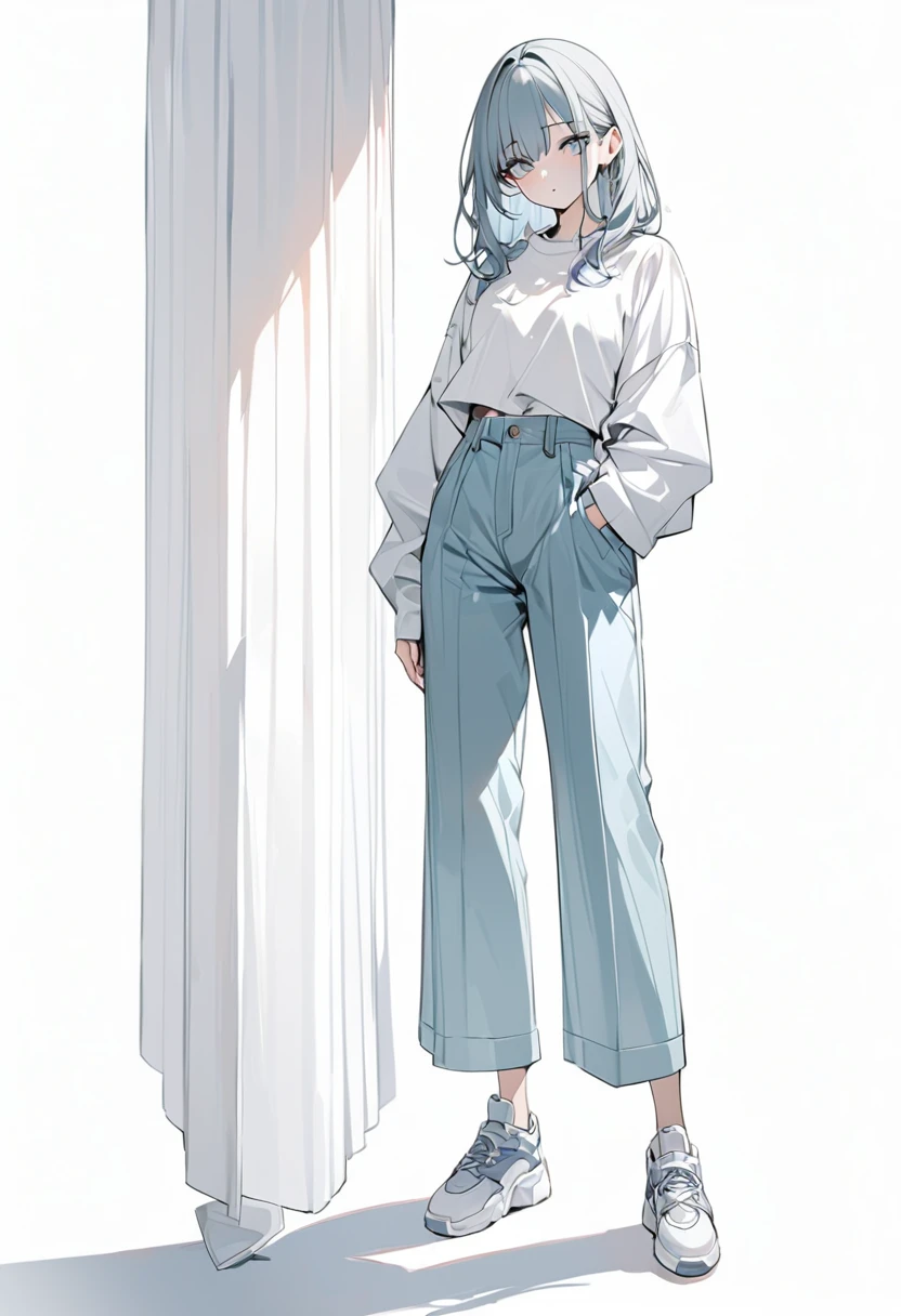 (masterpiece、Highest quality:1.2、8K)、Only one girl in the center、shirt、Wide-leg trousers、Simple single-color sneakers、whole body、Simple Background、White background、Delicate eyes