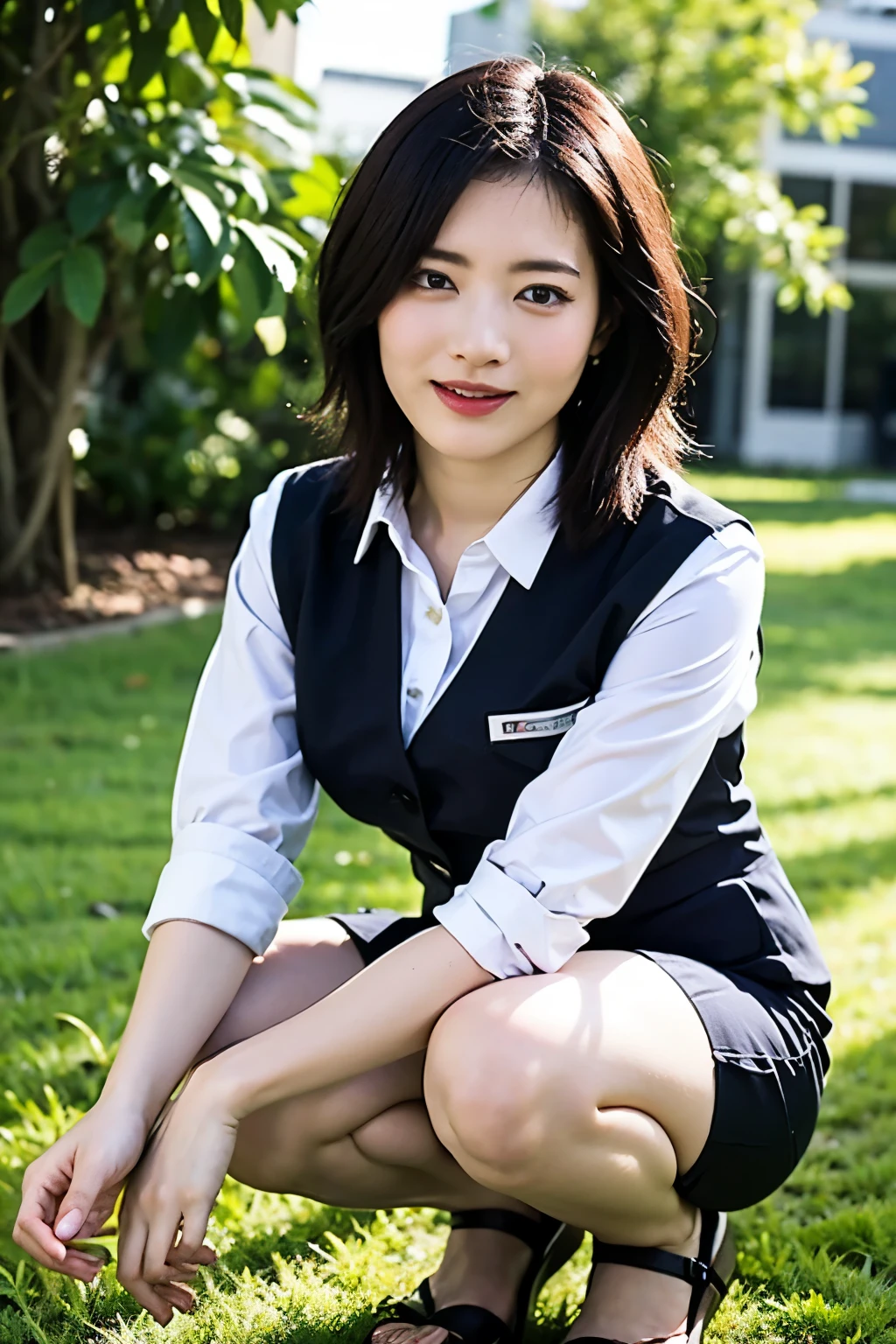 (realistic, photo-realistic:1.4), (masterpiece,best quality:1.2), RAW photo, high resolution, intricate details extremely detailed, realistic and sharp details, portrait, frontal photography, look at viewer, solo, 1girl, a 20 years old woman, (wearing an office lady uniform:1.5), (vest, tight skirt, bare legs), sandals, (squatting with spread legs apart), dark hair, short hair, detailed face, detailed eyes, sophisticated nose, pale skin, photo background, outdoors, grass field, large park,