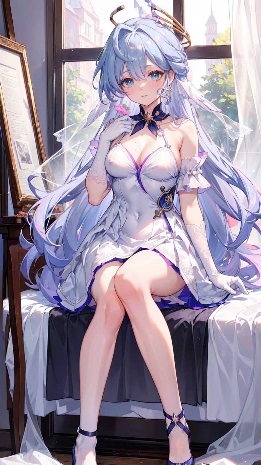 (Masterpiece, Highest quality, best quality, official art, beautiful and beautiful:1.2),(8K, best quality, Masterpiece:1.2), (((Masterpiece))),(((best quality))),(((very detailed))),illustration,WHO, (Masterpiece, Highest quality, best quality, official art, beautiful and beautiful:1.2),(8K, best quality, Masterpiece:1.2), Masterpiece, best quality, (Beautifully detailed eyes),(1 girl), alone,(depth of field),(alone focus),8K,HDR,(Ultra high resolution),(height),(beautiful picture),(perfect light),(small waist),(Beautiful long legs),(full body),(lens flare),(smile),Blush,(Beautiful hands),(perfect hand),(arm support),((nonsense)),Robin_(Honkai:_star_railway), (wing head),Ahoge,radius,(wedding dress), (white dress),(puffy short sleeves),(Pleated dress),(white shirt),(skirt), ((white gloves),(Lace Decorated Gloves)),(elbow gloves), necklace,decorations,(white leg set),(white shoes),(high-heels), In the building,stand,room, window, curtain, carpet,veil,(holding a bouquet), big breasts,Show your breasts,The cracks are clear...,((big tits)),(pubic bone), rift, visible chest, ((bare breast:1.37)), I see bulging nipples.,(((large areolae:1.4,pink,The nipples are clearly visible.....))), Spread your legs,(Perfect:1.4),Pussy really spreads,Spread,Pussy,โชว์Pussy,(juice:1.2),(Cum in pussy:1.2),(pubic hair:1.4),sweat,(open pussy:1.4),cervix:1.2,