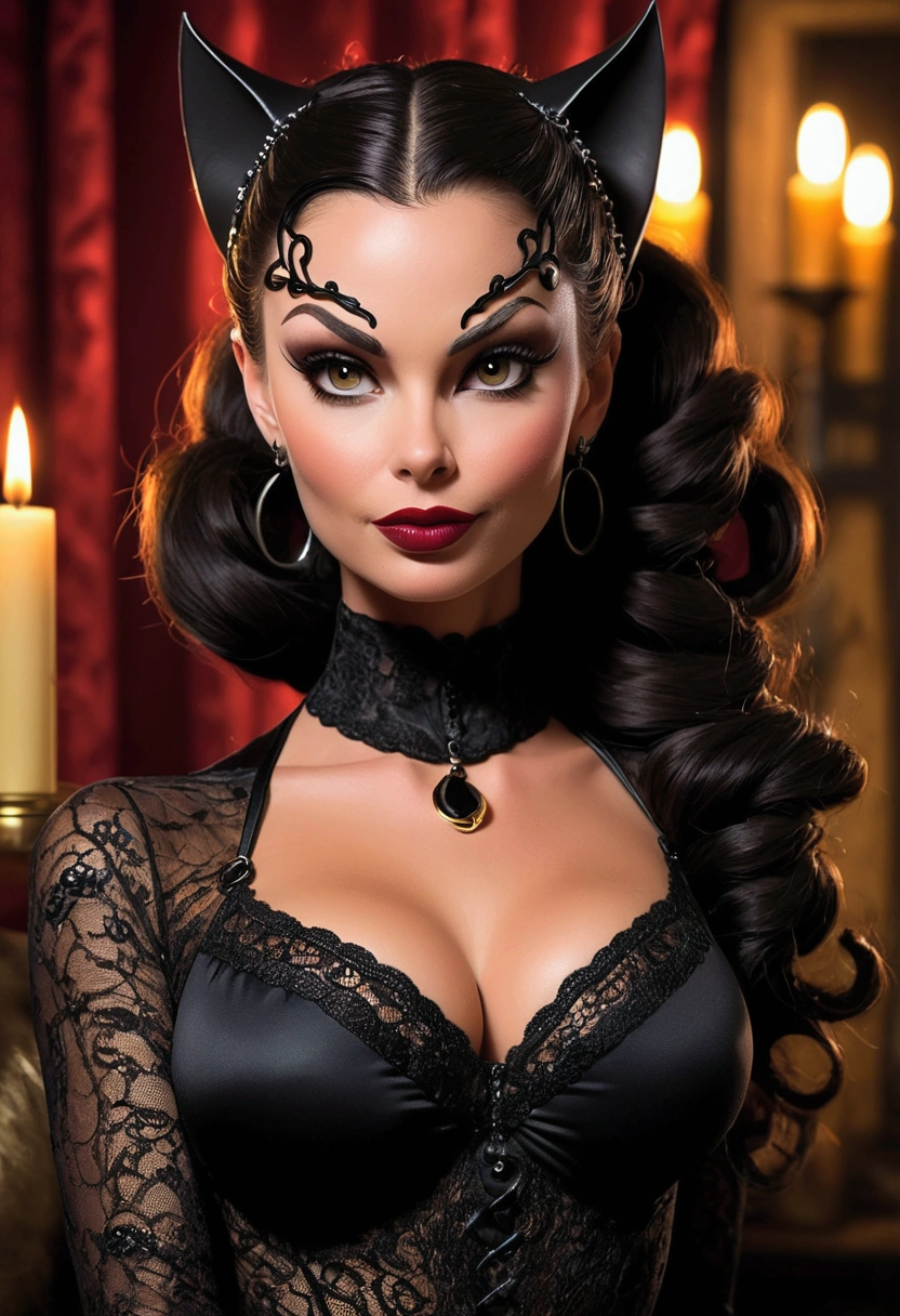 Full body shot Crissy Moran catwoman, ringlets wavy five feet long black hair, updo hairstyle with ponytail on one side and long hairpins holding the bun long braid, strong thighs, dark red glossy lips, heavy black eye shadow long black eyeliner, long sharp claws, black lace beautiful and creative catwoman bodysuit with no jewels, huge cleavage, clear ears no earrings, no earrings, no earrings, no earrings, no jewels, beautiful forehead lace ornament, posing in a feminine catwoman den, happy expression, dark ambience night time candle lights. No faces on her chest!