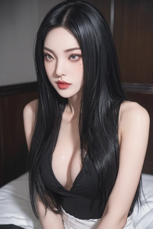 4k-ultra sharpness, open shot 、highest quality, ultra realistic, Ultra high resolution, (Reality: 1.4), 18 year old girl, purple eyes, cinematic lighting、realistic black hair (with hair fringe)、full body masterpiece, (My girl、gothic makeup、goth makeup)、Breasts big natural、((dark makeup、Oily skin, lightened pale skin、realistic skin texture、detailed white skin、bright skin)), bedroom、Kabukicho、hot big hips、(Sharp shot:1.8)、thick legs、sexy arms 、thin shoulders、thin waist、realistic natural hot body (erotic)、big breasts、realistic different sex poses (whole body masterpiece)