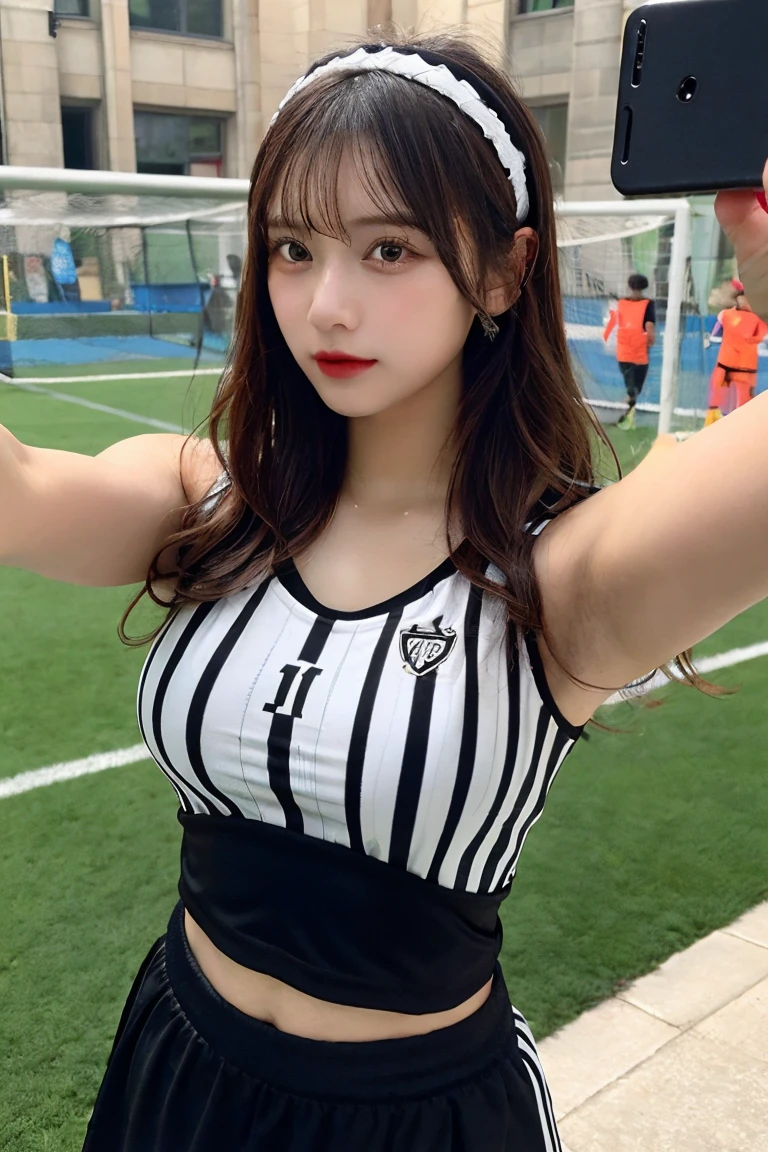 1 beautiful girl , masterpiece, high quality, best quality, extremely detailed,(((wearing black and white stripe soccer wear))) , long skirt, highly detailed, photorealistic, (selfie:1.5),　hairband ,((Ample Breasts)), Diminutive Height