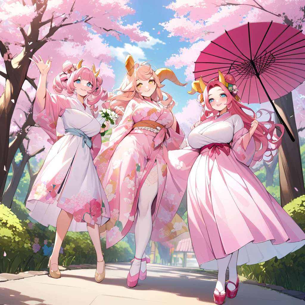 1goat girl, goat ears, yellow horns, long curly pink hair, two buns, perfect eyes, make-up, blue eyes, pink lipstick, smile face, yellow necklace, pink kimono with flowers print, long white stockings, pink shoes, pink umbrella in the hand, big breasts, big ass, sakuras tree garden background