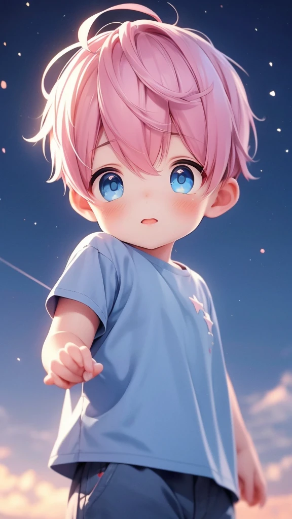 Beautiful  with blue eyes and pink hair the scenery of beautiful bright stars with blurred background he is holding a lollipop