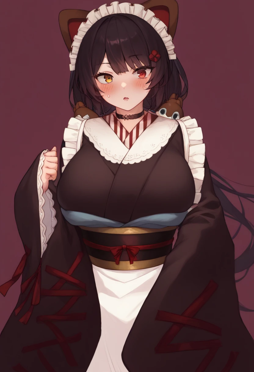 choker, maid headdress, black kimono, wide sleeves, frills, obi, white apron, sleeves past wrists, skirt, red skirt, brown footwear, cross-laced footwear、Huge breasts、Staring at a huge penis、Surprised、blush、Upper Body