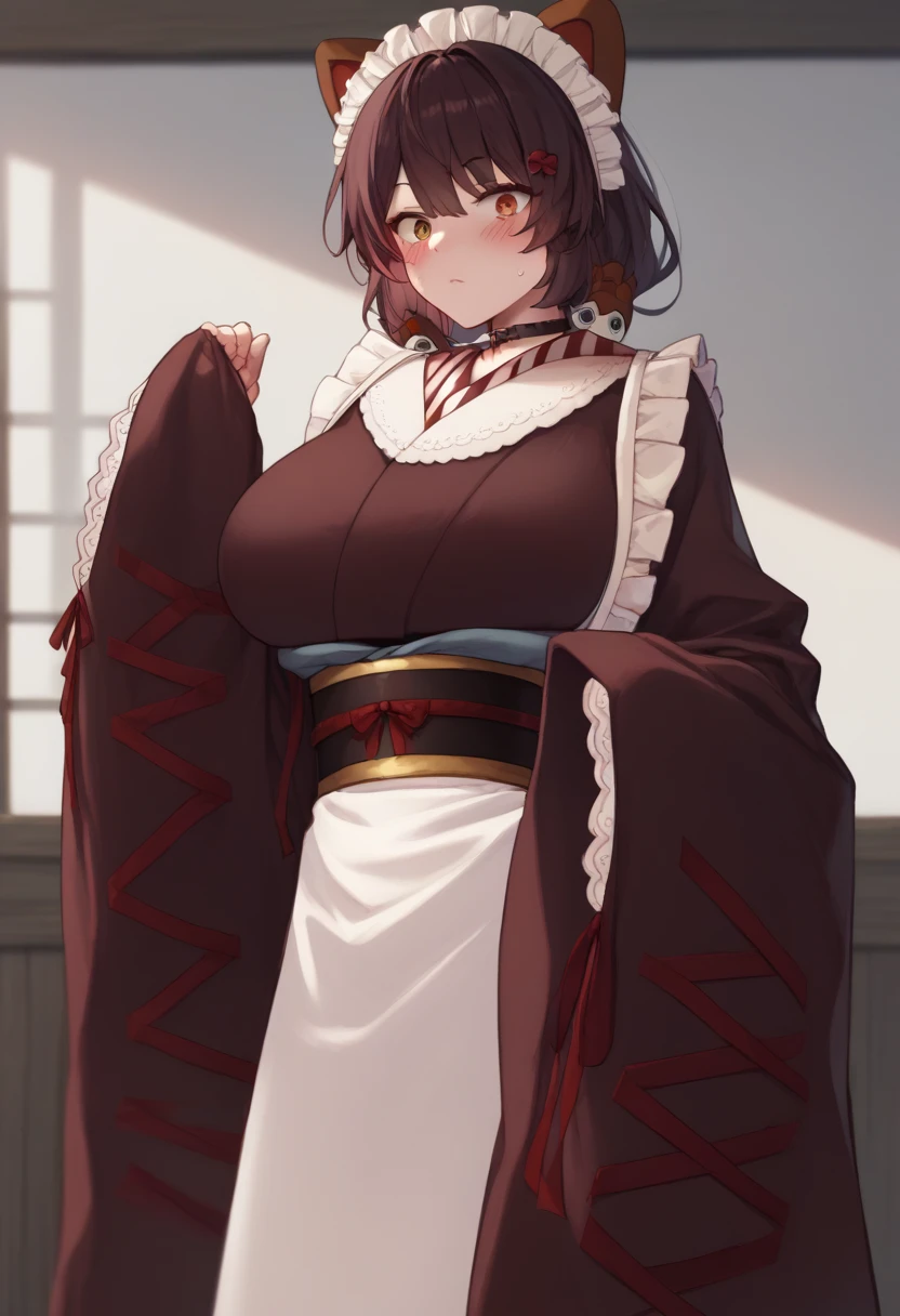 choker, maid headdress, black kimono, wide sleeves, frills, obi, white apron, sleeves past wrists, skirt, red skirt, brown footwear, cross-laced footwear、Huge breasts、Staring at a huge penis、Surprised、blush、Upper Body