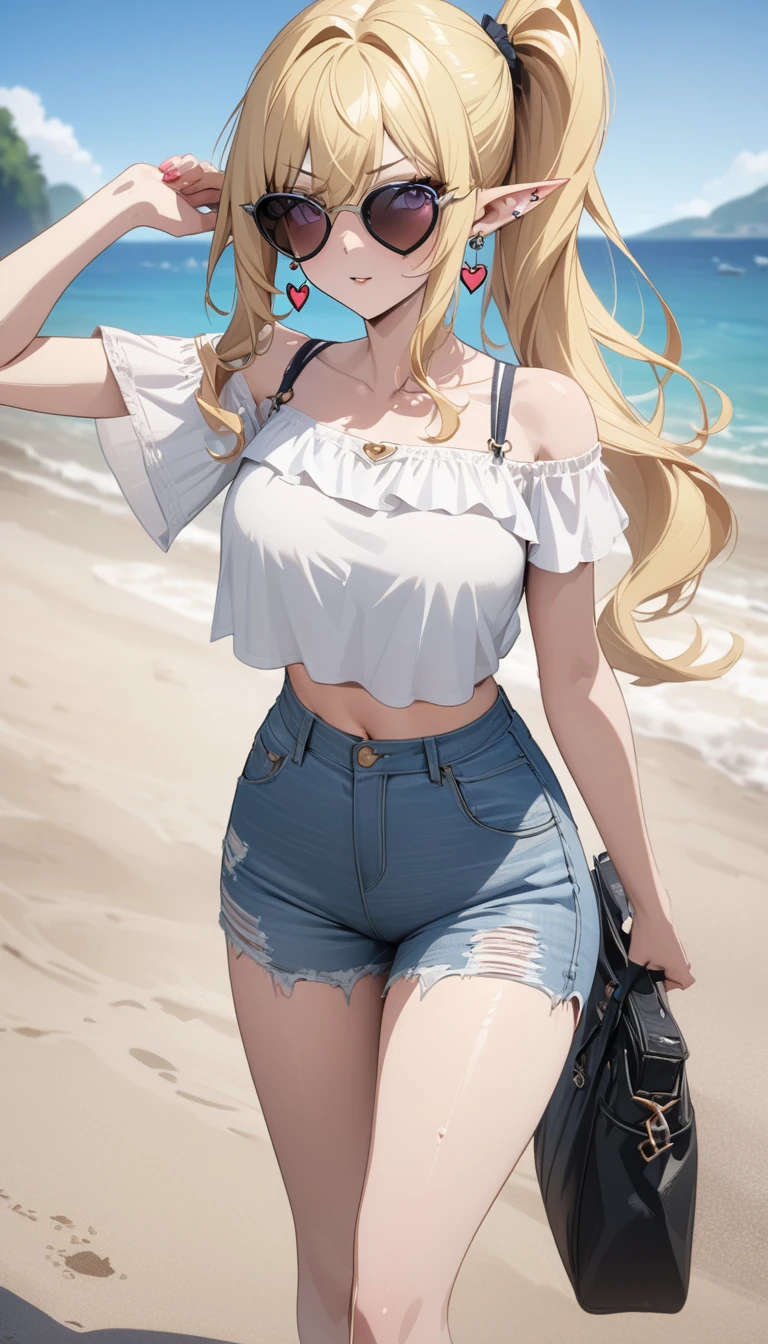 blonde hair, side ponytail, sunglasses, pointy ears, heart earrings, anime style, masterpiece, accurate, textured skin, high quality, best quality, highres, high details, super detail, elf, Casual clothing, summer clothes, walking on the Beach, A woman wearing damaged jeans