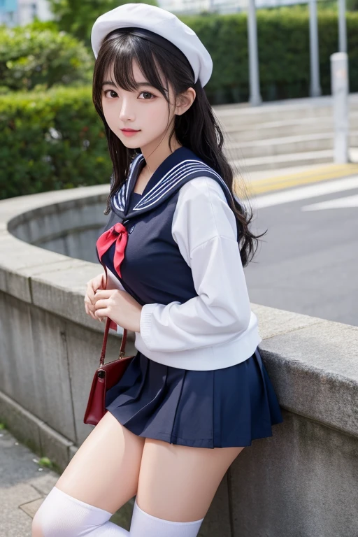 ((Highest quality)), ((masterpiece)), (detailed),
Japanese、Girl、Slim body、serious、Super large breasts、Super big ass、Big black eyes、Black Hair、Hair is waist-length、fun、No bra、Light blue sailor suit、The sailor suit is wet with sweat、The skirt is light blue and very short、Very small white string panties、White knee-high socks、The background is simple、The background is the city、Summer daytime、Are standing