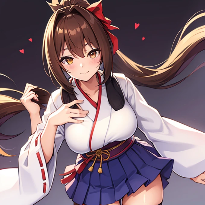 1girl, solo, long hair, breasts, looking at viewer, blush, smile, bangs, skirt, large breasts, simple background, black hair, hair ornament, thighhighs, long sleeves, white background, brown eyes, closed mouth, collarbone, yellow eyes, ponytail, heart, sidelocks, thighs, japanese clothes, wide sleeves, kimono, white thighhighs, zettai ryouiki, sash, obi, high ponytail, hand on own chest, ribbon trim, hakama, hakama skirt, white kimono, miko, hakama short skirt