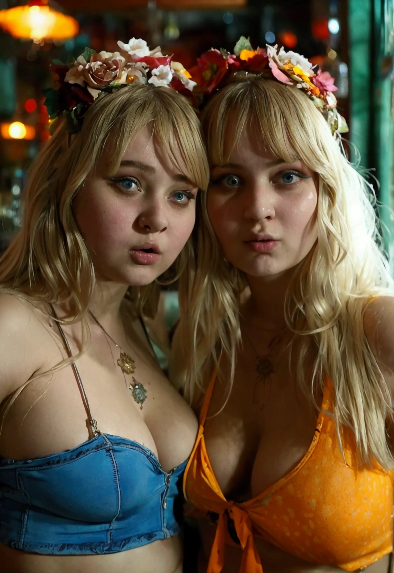 Very drunk, overweight Russian girls with beautiful faces stand with their backs to the camera in a bar in autumn clothes, in a deranged state, drink alcohol and dance