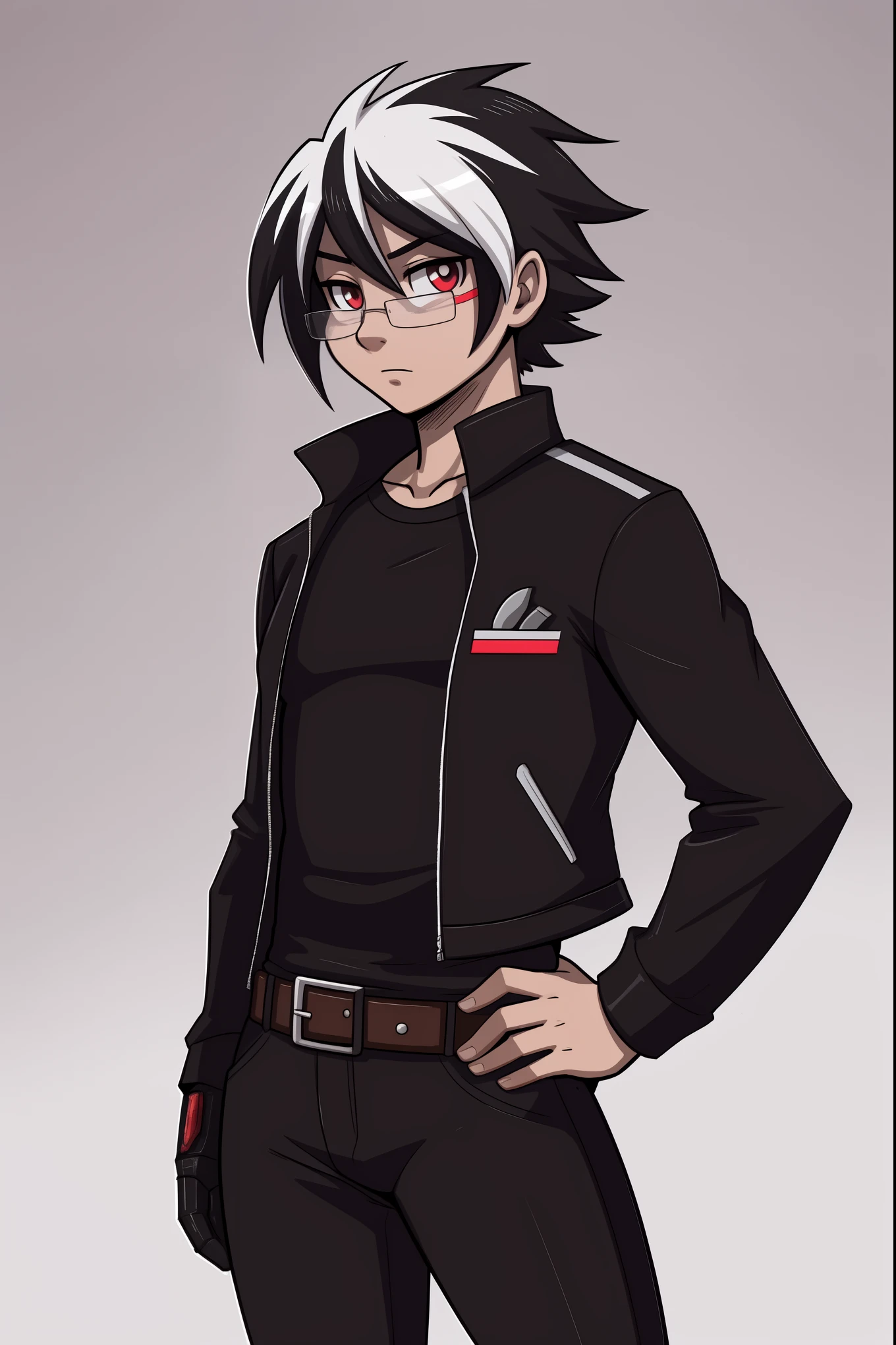 (adult, sketch-ish, 2d, absurdres, best quality, uploaded on e621), (by uc77, by zeekzag, by skidd, by john joseco, by kadath, by bigdad, by shonuff, by scappo), ((white background, no background:1.4)), (waist portrait, manga styled, manga styled eyes, intense pupils, getter robo styled eyes), (glasses), (red eyes:1.3), (human, male), young adult, solo, (focused and neutral expression), (grey jacket with yellow shirt:1.2), (belt, black jeans), (spike side-parted fringe, two-tone hair, multicolored hair, black hair, white hair, white streaks), (really thin simple eyebrows:1.3), [straight hair:0.8], cybernetic mecha arm