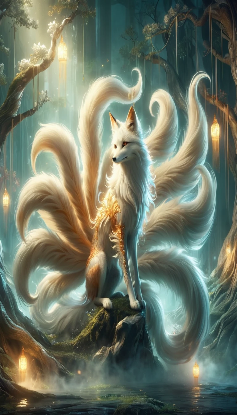A white nine-tailed fox in a fantasy world(Fox)Create enchanting and mysterious images of, The fox's tail is flowing and ethereal、Make sure it emits a soft, radiant light., The background is set to a magical forest with luminous plants and a starry sky., The fox's eyes should exude a spark of wisdom and mystery., The overall atmosphere is tranquil and otherworldly.、Balance the light and shadow, The fox is depicted gracefully and elegantly.、Make sure you exude an aura of ancient magic., (real,Photo realistic,Photo realistic:1.37),Very detailed drawings of animals,Complex patterns,real照明,Fantasy creatures