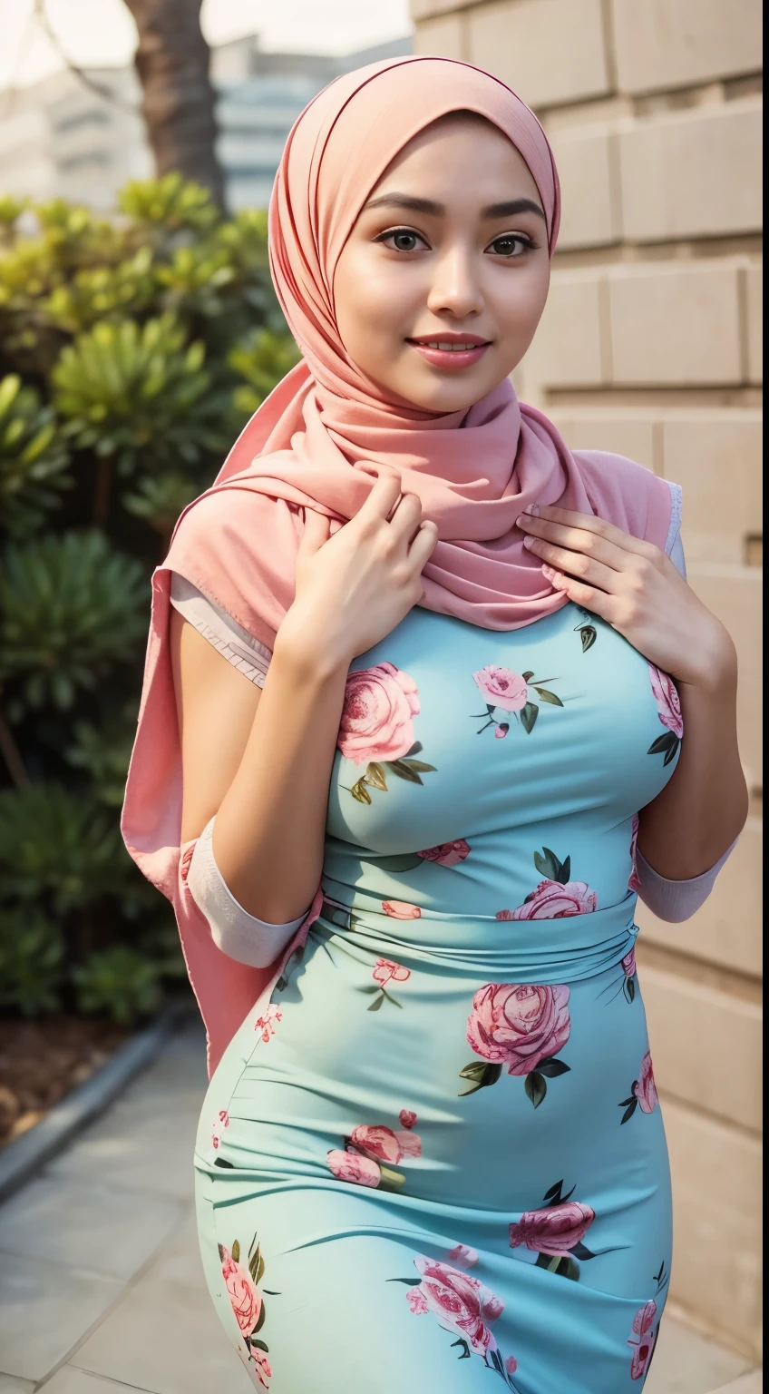 RAW, Best quality, high resolution, masterpiece: 1.3), beautiful Malay woman in hijab,Masterpiece, perfect  fit body, ((Huge breast)), biggorgeous eyes, Soft smile,muslim woman in a floral dress and hijab posing for a picture, hijab, with lovely look, with beautiful colors, with accurate face, pose 4 of 1 6, traditional beauty, batik, wearing beautiful clothes, beutifull, with beautiful exotic, attractive pose, cute pose, peach and goma style, scarf, wearing pink floral chiton, very attractive , she is smiling,Delicate turtleneck, necklace, shairband, afternoon walk, City garden, Excellent lighting, Bright colors, Clean lines