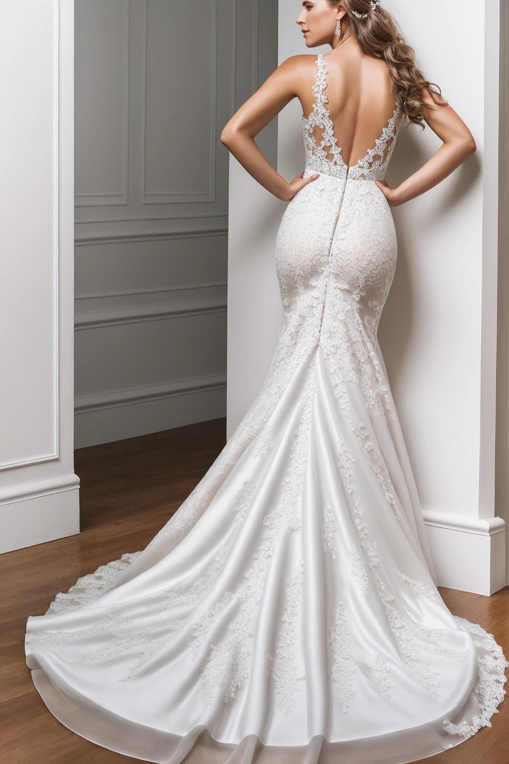 Best quality, 8k, 32k, Masterpiece, Masterpiece, (Photorealistic: 1.4), RAW photo, ultra realistic, a model wearing a mermaid wedding dress, showing both the front and back views of the dress. The model is standing in a white room, with intricate lace and beading details on the gown. The room has a minimalist design with white walls and a clean, modern look to highlight the elegance of the dress.