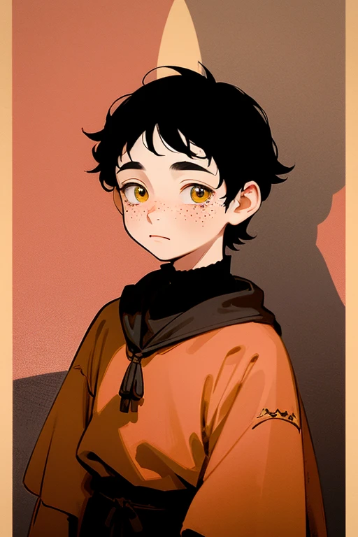 12 year old boy, dark and very short black hair, yellow eyes, fabric medieval clothes, 1,20m de altura, with freckles on the cheeks, medieval brown and salmon pink leather clothing, a little dark circles in the eyes