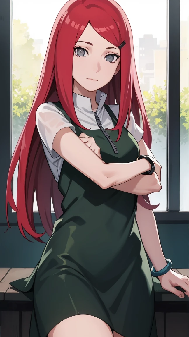 {-error_of_Anatomy:1.0} kushina, kushina, wide, hair ornament, Red hair, Red head, Hair clip, (grey eyes:1.5), break shirt, dress, jewelry, White shirt, short sleeves, oflantal, bracelet, green oflantal, neck, REST looking at the viewer, parte superior ofl cuerpo, whole body, tiro of vaquero, REST inside, BREAK (Masterpiece:1.2), Best Quality, high resolution, fondo of pantalla of unidad 8k, (illustration:0.8), (Hermosos ojos oftallados:1.6), cara extremadamente oftallada, perfect lighting, CG extremadamente oftallado, (perfect hands, Anatomy perfecta),
