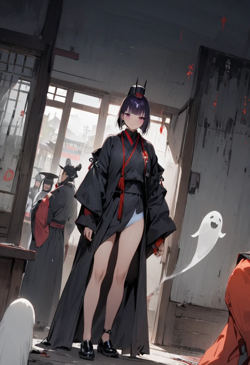 In a haunted house、Shuten Doji、ghost、Panties、Girl、Girl、Short、Younger、、Dynamic Angle、masterpiece、best quality、ultra-detail、night、smile、Iron club、knife、Heian-kyo、The capital of Kyoto、Eat flesh and blood、 Violence、Alcohol is my favorite
