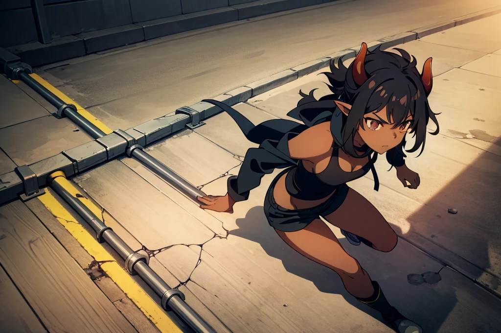 (((1girl ,25s,adult,mature female,solo))),long hair, black hair,horns,elf ears,((black scarf)),cleavage,(((dark skin))),(black sports bra,black sports shorts, midriff),leather boots,long sleeves,serious, punch, Abandoned station on sewers,running alone on the railroad tracks The wind ruffled her hair, illustration, concept-art,from above,from front