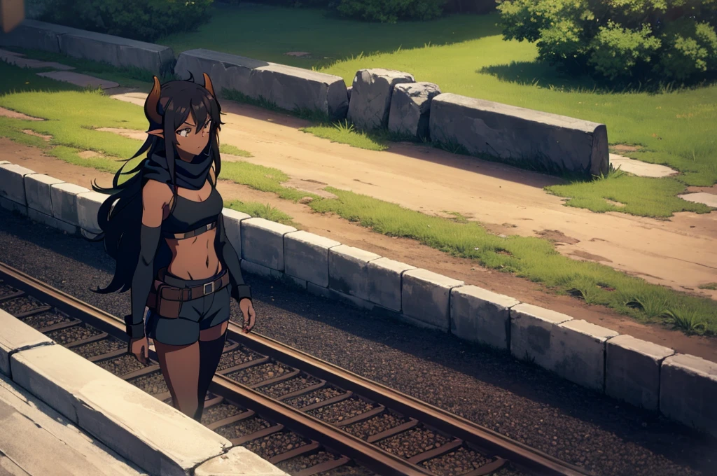 (((1girl ,25s,adult,mature female,solo))),long hair, black hair,horns,elf ears,((black scarf)),cleavage,(((dark skin))),(black sports bra,black sports shorts, midriff),leather boots,long sleeves,serious, punch, Abandoned station on sewers,running alone on the railroad tracks The wind ruffled her hair, illustration, concept-art,from above,from front