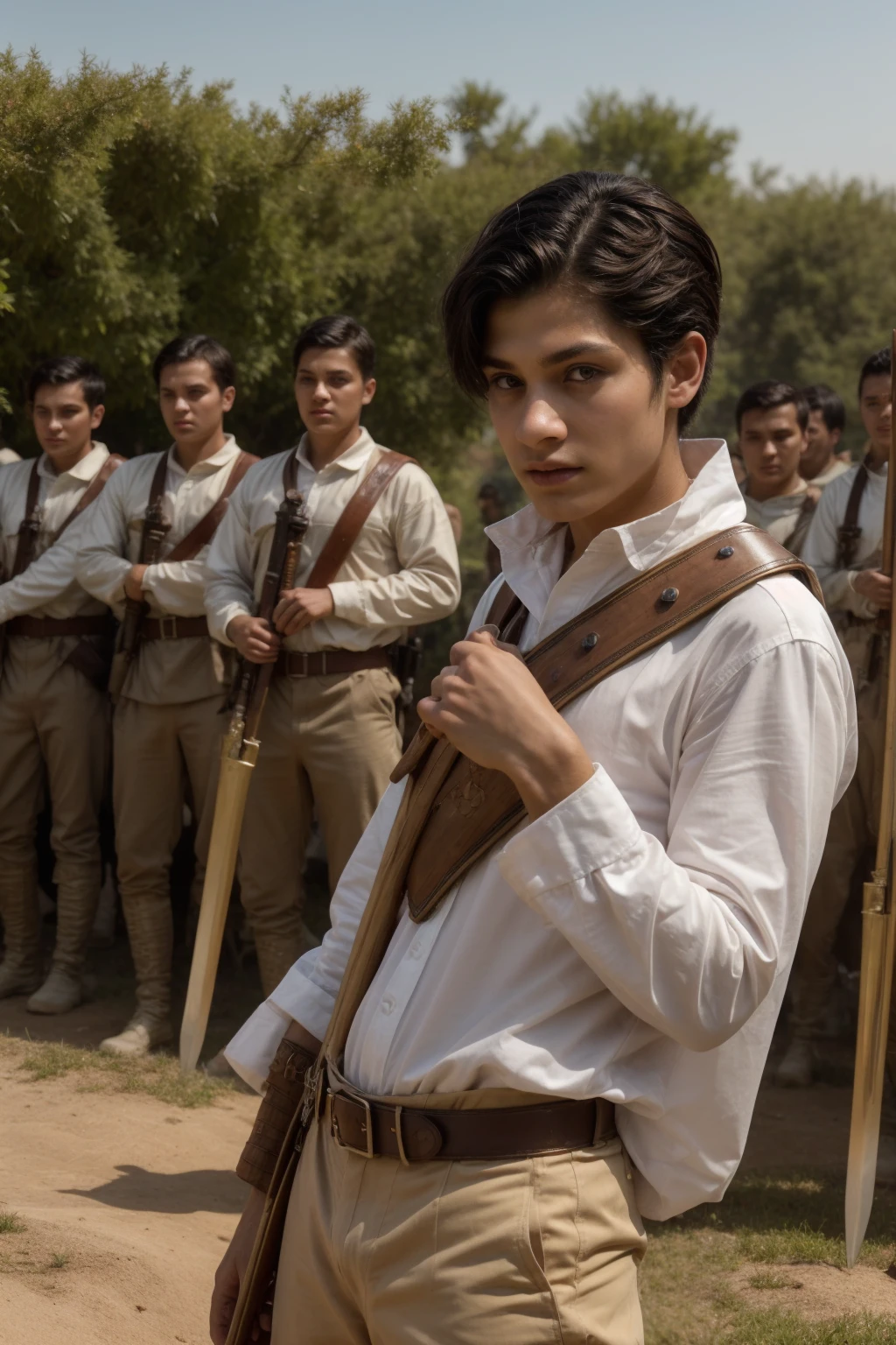 A cute, beautiful twink male with black hair and a red face with makeup. He is wearing a long-sleeved, white shirt and brown pants. He is the commander of the army. Behind him is a huge army. He has a golden war sword in his hand, and he is on the great battlefield.