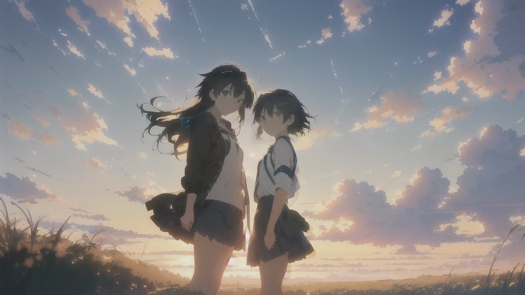 anime image of two girls in a field with a sky background, ( ( makoto shinkai ) ), Makoto Shinkai Cyril Rolland, Atei Gailan 8K, Guweiz and Makoto Shinkai, 4K Manga Wallpapers, by Makoto Shinkai, by Makoto Shinkai, anime. by Makoto Shinkai, 4k anime wallpaper