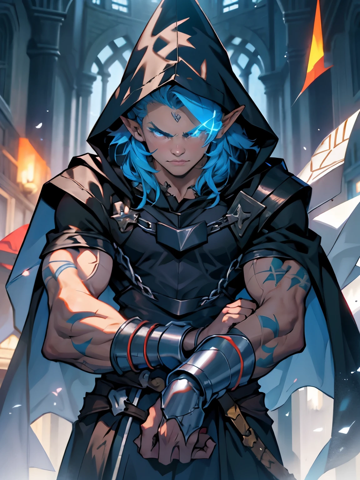 Pointy ears, Muscular man, defined body, developed body, slave, shackled slave, hooded cloak, prisoner, medieval 