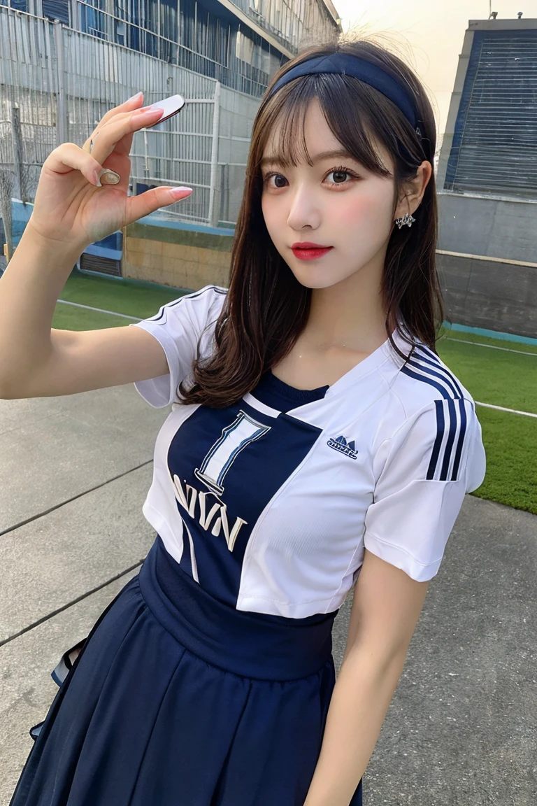1 beautiful girl , masterpiece, high quality, best quality, extremely detailed,(((wearing navy soccer wear))) , long skirt, highly detailed, photorealistic, (selfie:1.5), hairband ,((Ample Breasts)), Diminutive Height
