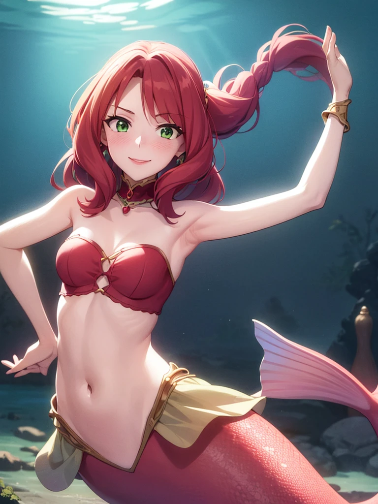 1girl, mermaid, long mermaid tail below waistline, bra, long hair, red hair, braid, green eyes, smile, blush, happy face,  red lips, underwater sea, coral, fish,