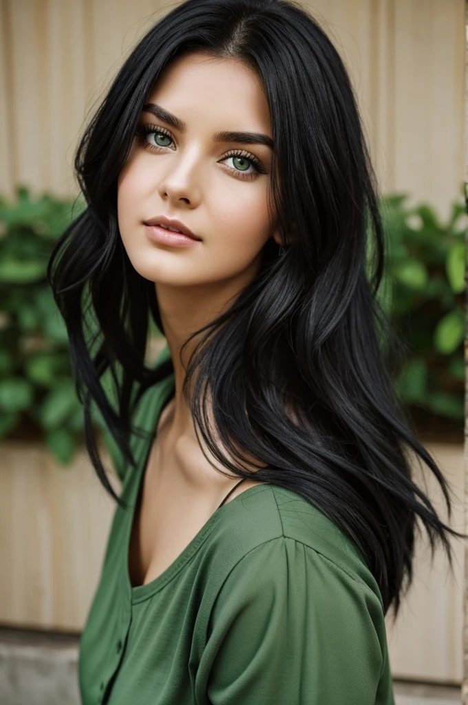 A woman with black hair and green eyes, she is 25 years old.