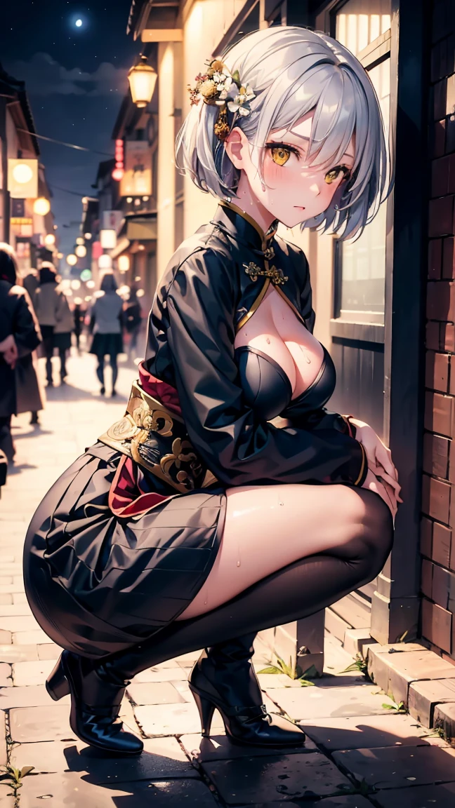 Young girl ************, short silver bob hair, hair flower, sharp bangs between the eyes, yellow  eyes, eyes large, provocative look, obscene expression, notable physical features, traditional chinese imperial clothes black with gold details, red skirt, black thigh high socks. medium breasts. view from side, crouched in the street, lumbar angle, full body point of view, but up close. japanese city, outdoor city, city at night, with full moon in the background, light reflecting on the sexy and sweaty body. (((sweat))) (work of art:1.2,) (best qualityer.)