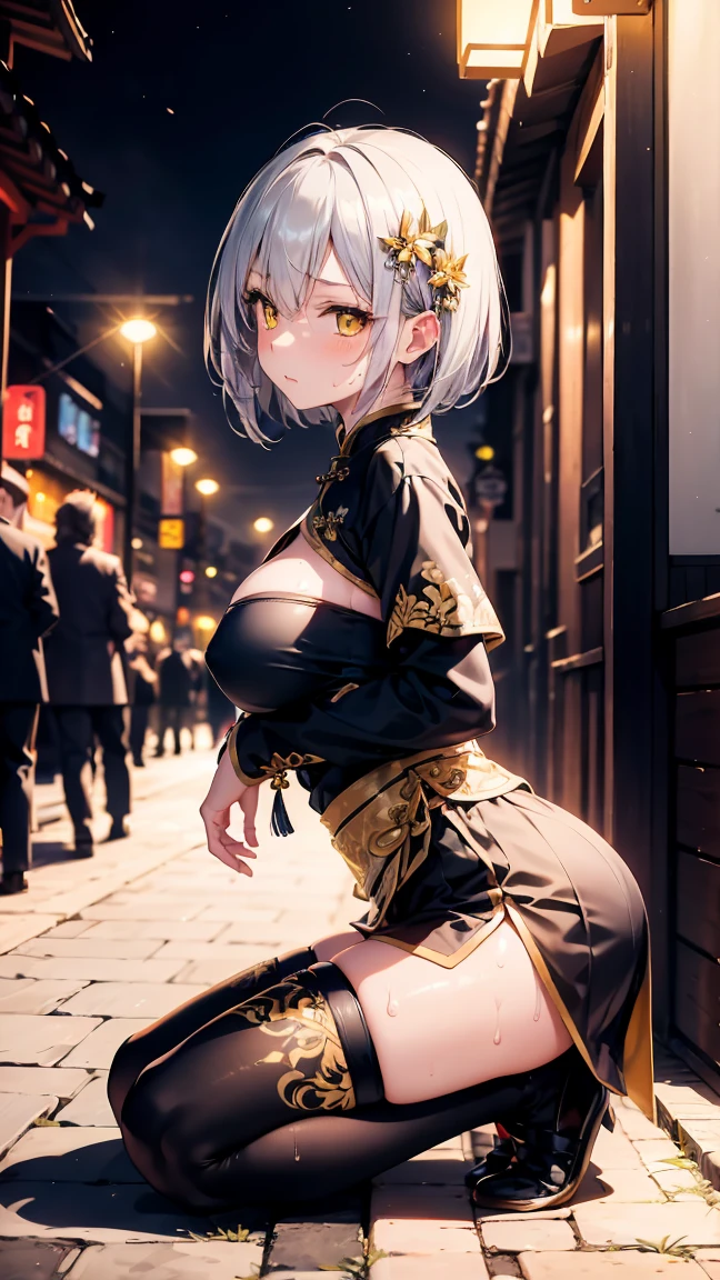 Young girl , short silver bob hair, hair flower, sharp bangs between the eyes, yellow  eyes, eyes large, provocative look, obscene expression, notable physical features, traditional chinese imperial clothes black with gold details, red skirt, black thigh high socks. medium breasts. view from side, crouched in the street, lumbar angle, full body point of view, but up close. japanese city, outdoor city, city at night, with full moon in the background, light reflecting on the sexy and sweaty body. (((sweat))) (work of art:1.2,) (best qualityer.)