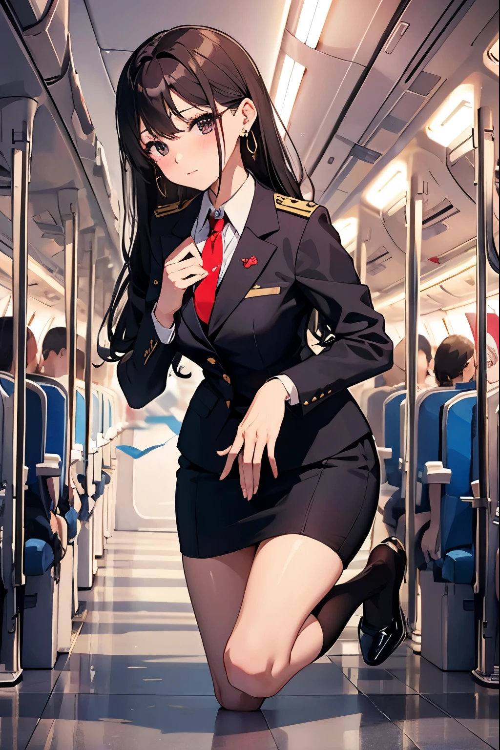 Beauty、flight attendant、passenger、Earrings、Sexy、Inside the plane、flight attendantの帽子、uniform、Red tie、Get down on one knee、Innocent expression、