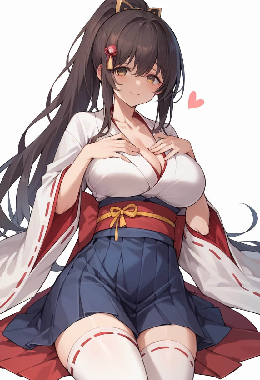 1girl, solo, long hair, breasts, looking at viewer, blush, smile, bangs, skirt, large breasts, simple background, black hair, hair ornament, thighhighs, long sleeves, white background, brown eyes, closed mouth, collarbone, yellow eyes, ponytail, heart, sidelocks, thighs, japanese clothes, wide sleeves, kimono, white thighhighs, zettai ryouiki, sash, obi, high ponytail, hand on own chest, ribbon trim, hakama, hakama skirt, white kimono, miko, hakama short skirt