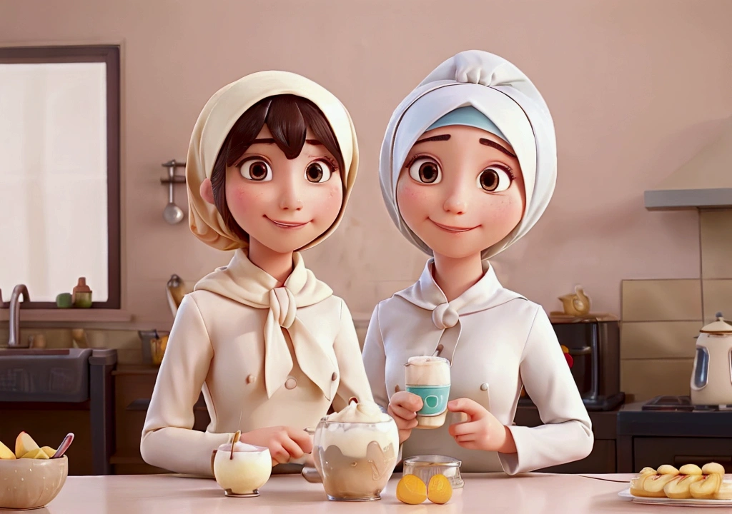 All the decor is modern and beautiful. A beautiful girl with a modern Islamic hijab tied to her neck. A character alone in the kitchen with no one else with her. A cartoon in the Disney Pixar style. She eats a cup of milk tea and two fried eggs in the morning. 