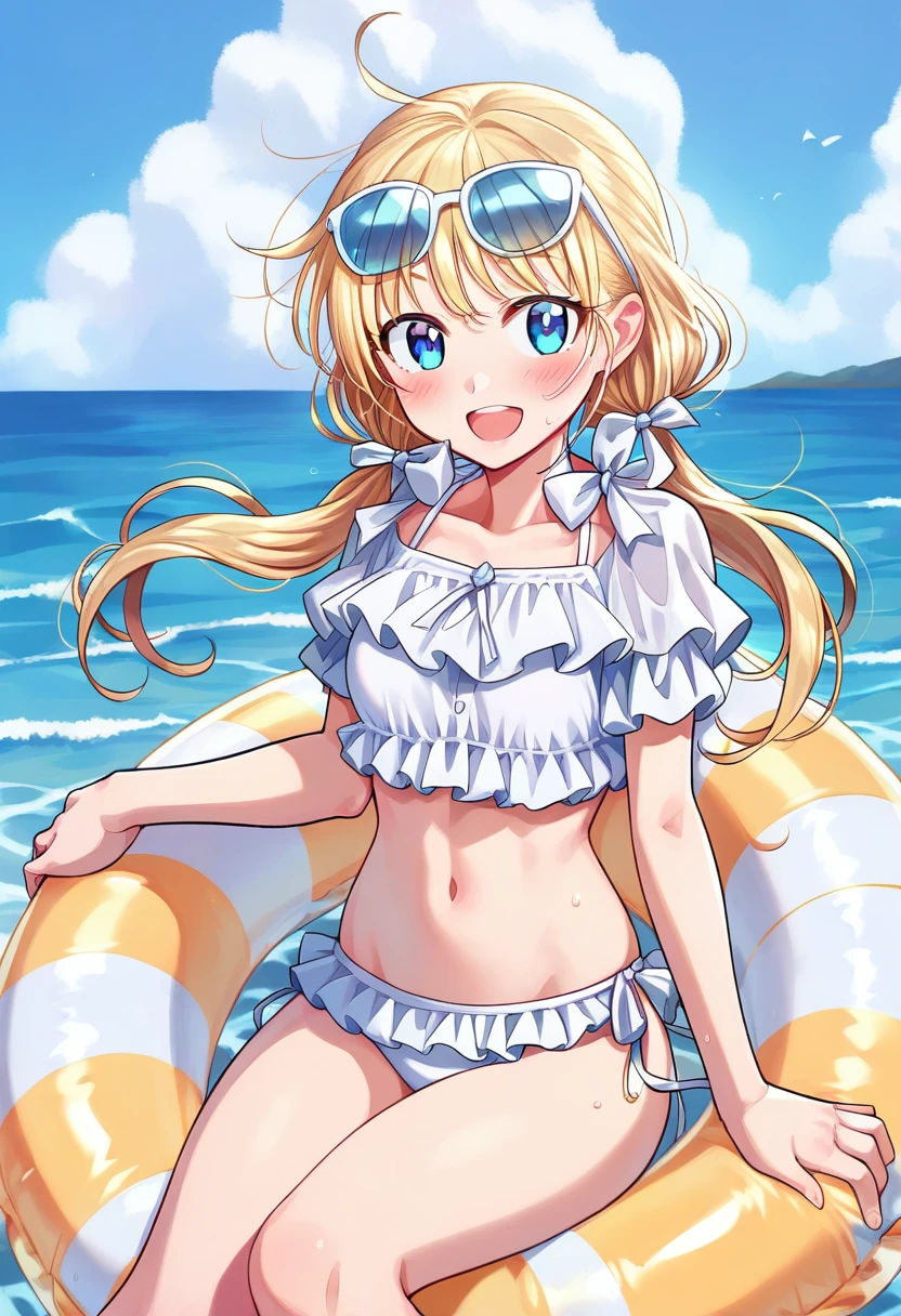 score_9, score_8_superior, score_7_superior, One girl, blush, smile, View your viewers, Swimwear, :d, arm superior, Beach, bikini, Blonde, blue eyes, blue null, chest, cloud, Day, Wear glasses on your head, frilled bikini, Frills, hands superior, Inner Tube, Long Hair, low Twin tails, medium chest, belly button, Ocean, Open your mouth, Outdoor, shirt, side-tie bikini bottom, Sitting, null, alone, Stomach, Twin tails, wariza, white bikini, White ribbon, white shirt,