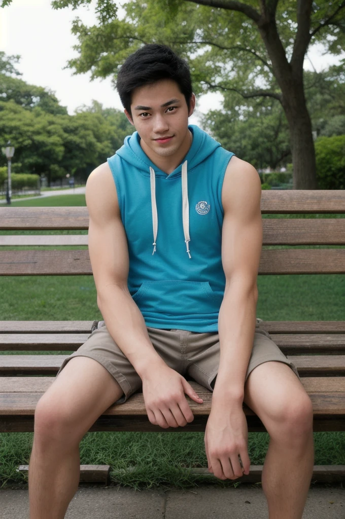 photo of arthur_nory, wearing a (light blue:0.5) sleeveless hoodie BREAK and cargo shorts, relaxing on a park bench, arms resting on the bench, looking at the camera, natural lighting, (smile:0.5)